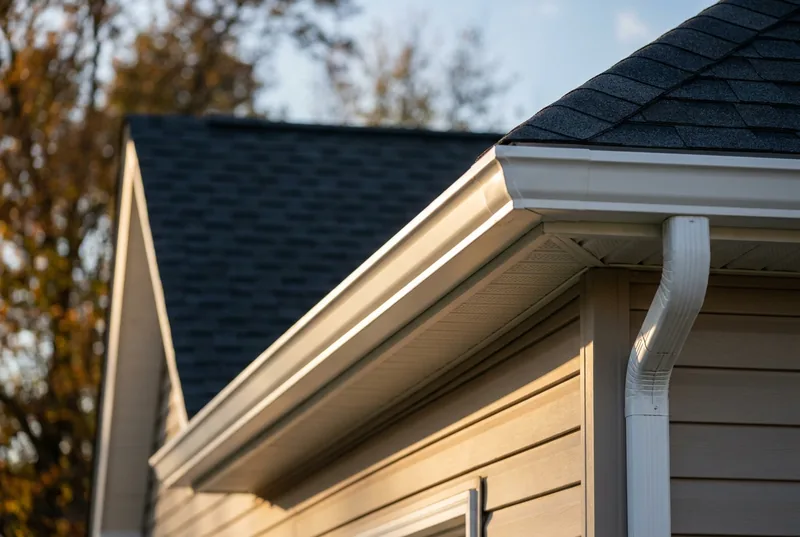 White seamless gutter and downspout along the eave of a tan sided home with a dark shingle roof, in late afternoon light.