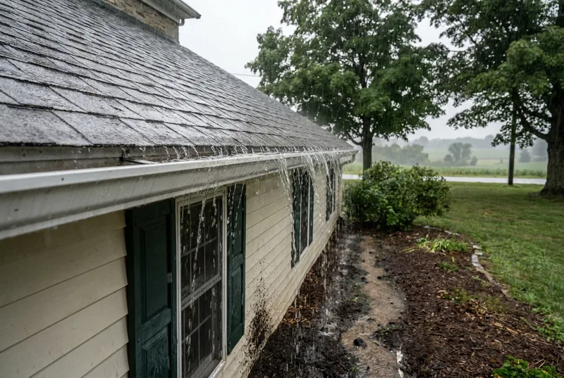 Rain overflowing the full length of a gutter and washing out the bed below