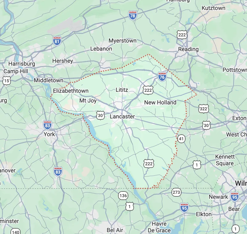 Map of southern and central Lancaster County with the service area outlined, reaching Elizabethtown and Mt Joy in the west, Lititz in the north, New Holland in the east, and the Susquehanna and the Maryland line in the south