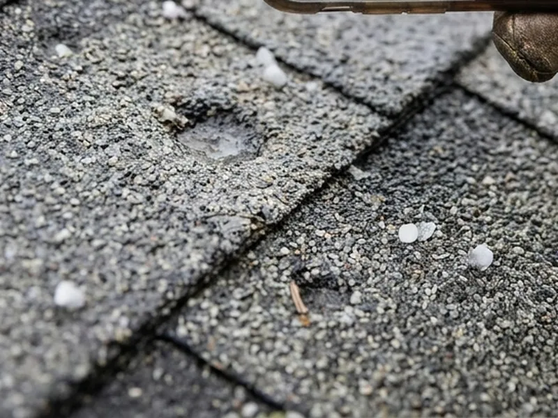 Hail impact marks and scattered hailstones on asphalt shingles